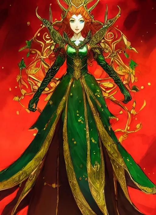 Image similar to Full body portrait of a beautiful red haired elven queen wearing red, green and gold ceremonial queen dress and elaborate golden crown. In style of Yoji Shinkawa and Hyung-tae Kim, trending on ArtStation, dark fantasy, great composition, concept art, highly detailed.