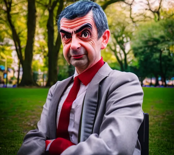 Image similar to portrait photo of mr bean as super saiyan, in a park by luis royo. soft light. sony a 7 r iv