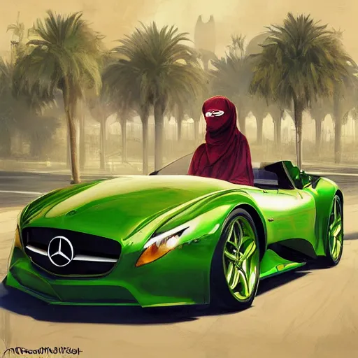 Image similar to kermit inside a car, wlop, mercedes, moroccan city, mosque, palm trees, redneck country, style in digital painting, concept art, smooth illustration, by ruan jia and mandy jurgens and william - adolphe bouguereau, artgerm