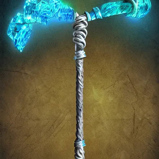 Prompt: old twisted staff weapon with a blue crystal at it's tip, digital art, hovering over a stone pedestal, highly detailed, focus, smooth, lit from above, cinematic, dungeons and dragons