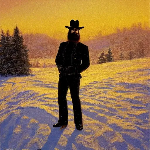 Image similar to portrait of Orville Peck in a snowy landscape at sunset, by Mark Maggiori, by Alfred Bierstadt, by Tom of Finland, golden hour, epic, hyperrealistic, trending on artstation