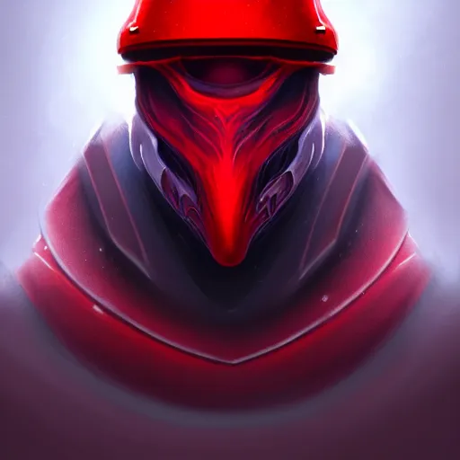 Prompt: a creature made of crimson mist, wearing a helmet with a closed visor and college hat, digital art, d & d concept art, trending on artstation, 8 k