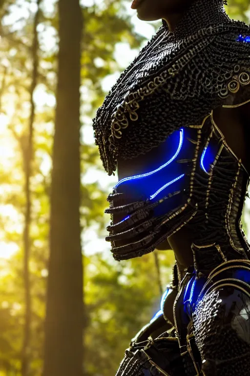 Image similar to hyperrealistic mithra gorgeous black woman intricate exoskeleton bone armor in a forest sun behind her concept art eric zener elson peter cinematic blue light low angle hd 8k sharp shallow depth of field