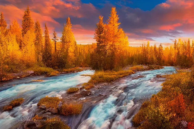 Prompt: an epic landscape painting of rundle mountain in alberta canada, at sunset in autumn, with a small river in the foreground, painted by andreas rocha, atmospheric, volumetric lighting, vibrant colors, rays of light, breathtaking, highly detailed