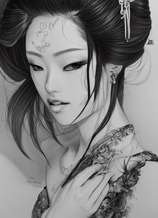 Image similar to a detailed hand drawn sketch of a stunning geisha princess, artgerm, NeoArtCorE, artstation