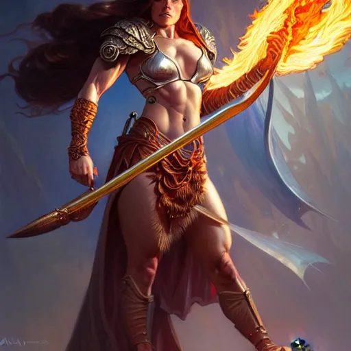 Prompt: female holding a flaming sword, muscular upper body, D&D, fantasy, intricate, elegant, highly detailed, digital painting, artstation, concept art, smooth, sharp focus, illustration, art by artgerm and greg rutkowski and alphonse mucha