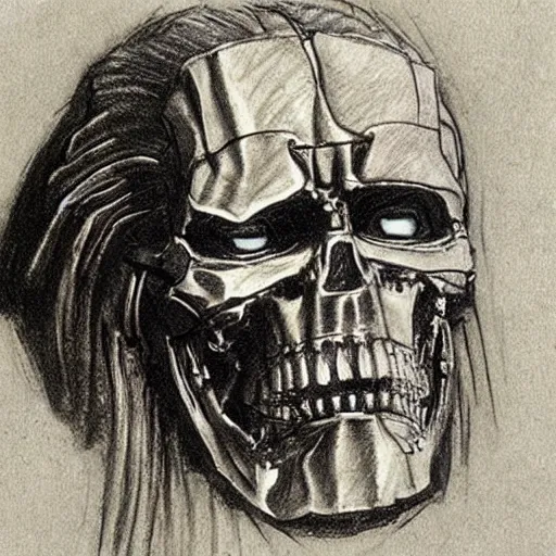 Image similar to terminator, leonardo da vinci sketch!!!, old paper