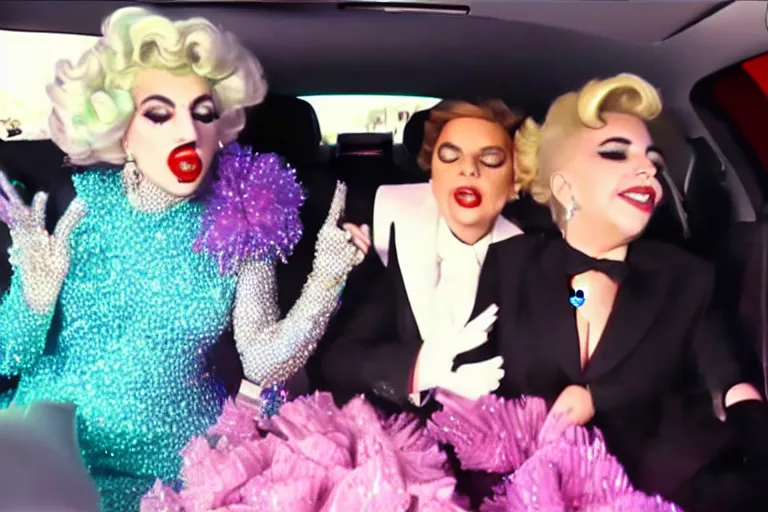 Image similar to lady gaga and judy garland doing carpool karaoke, lady gaga and judy garland, carpool karaoke, lady gaga, judy garland, carpool karaoke, youtube video screenshot, the late late show with james corden