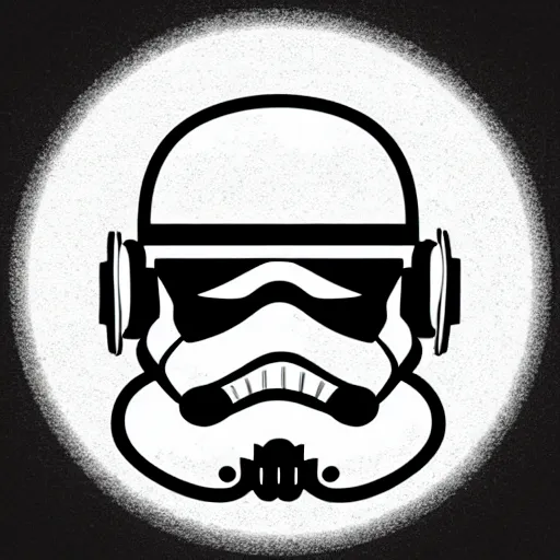 Image similar to svg sticker, centered, round-cropped, white-space-surrounding, Storm-Trooper listening to headphones, flat colors, vector art