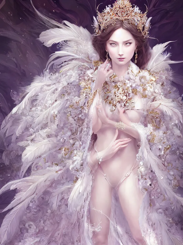 Prompt: ((A beautiful fantasy empress)), highly detailed full body, beautiful eyes, detailed intricate white flower tiara, feathers, ((wearing aristocrat robe)), ((silk scarf)), highly detailed figure, fractal crystal, epic composition, ultra wide-shot, dynamic pose, concept art, beautifully lit, digital painting, smooth, desaturated color theme, character design, sharp focus, elegant, intricate, post processing, artstation, by WLOP, James Jean, Victo Ngai, ryohei hase