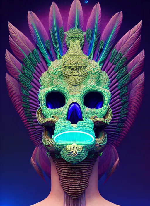 Image similar to 3 d goddess face portrait, sigma 5 0 0 mm f / 5. beautiful intricate highly detailed quetzalcoatl skull and feathers. bioluminescent, plasma, lava, ice, water, wind, creature, thunderstorm! artwork by tooth wu and wlop and beeple and greg rutkowski, 8 k trending on artstation,