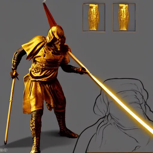 Image similar to Colored shot of dark souls boss using a spear made of gold. He is wearing a roman toga, trending on artstation, fantasy, concept art