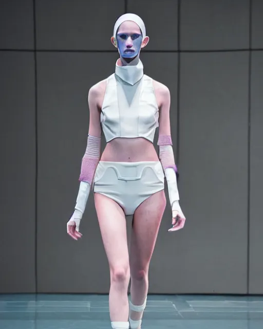 Image similar to olivia, mid catwalk, wearing an outfit inspired by a satellite, runway model at new york fashion week, sporty physique, black hair, freckles, pale skin, photo by greg rutkowski, stage lighting, soft colors, female beauty, intricate detail, elegance, 3 5 mm, depth of field, masterpiece