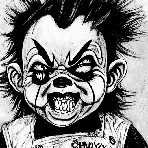 Prompt: grunge drawing of a happy chucky in the style of loony toons | horror themed | pennywise style