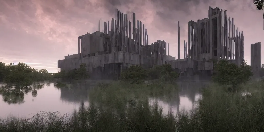 Image similar to an extremely detailed cathedral of brutalist architecture, surrounded by lush green forest and murky ponds of water, stunning volumetric lighting, sunset, rusted steel, smooth concrete, stunning skies, trending on Artstation, 8k, photorealistic, hyper detailed, unreal engine 5, IMAX quality, cinematic, epic lighting, in the style of the game DOOM, by Greg Rutkowski