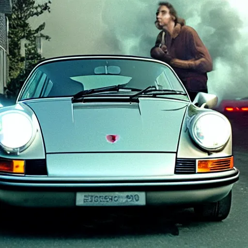 Prompt: porsche 911 time traveling in back 2 the future. burning trail of flames on the street. 88miles per hour