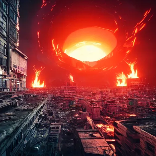 Image similar to a black hole is destroying a gothic cyberpunk City, catastrophic, fire and explosions, the feeling of dread, photorealistic, octane render, unreal engine