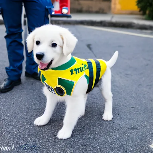 Image similar to a cute puppy wearing an ambulance costume, dog cosplay, ambulance, vehicle, Canon EOS R3, f/1.4, ISO 200, 1/160s, 8K, RAW, unedited, symmetrical balance, in-frame