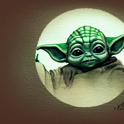 Prompt: view from above, medium - shot, baby yoda on a well lit path in a dimly lit forest, dramatic cloudy setting sun, watercolor and ink, muted color. minimalist, detailed ue 5