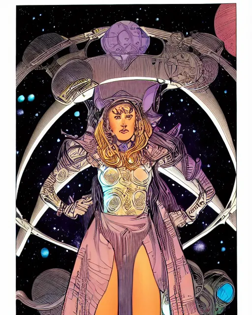 Image similar to portrait of a female space priestess by arthur adams and moebius and chip zdarsky, stunning, comic, pen and ink, slash page, highly detailed