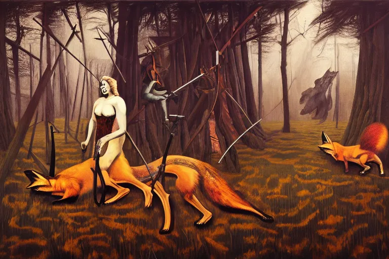 Prompt: ( ( a beautiful masterpiece painting ) a english fox hunter and a monster in a hunting lodge ( by ( remedios varo ) and ( anato finnstark ) and ( greg rutkowski ) and ( andy warhol ) and i ( francis picabia ) ) ( camouflage ) ( hyperrealism ) ( trending on artstation )