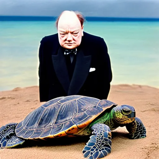 Prompt: An astonished Winston Churchill discovers the first turtle ever in Galapagos, national geographic, BBC, XF IQ4, f/8, ISO 200, 1/160s, 8K, RAW, directed gaze
