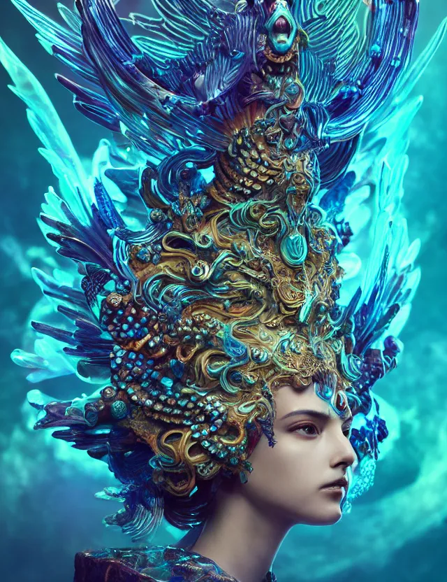 Image similar to goddess phoenix macro close - up portrait with crown made of ram skull. phoenix, betta fish, jellyfish, bioluminiscent, plasma, wind, creature, super intricate ornaments artwork by tooth wu and wlop and beeple and greg rutkowski