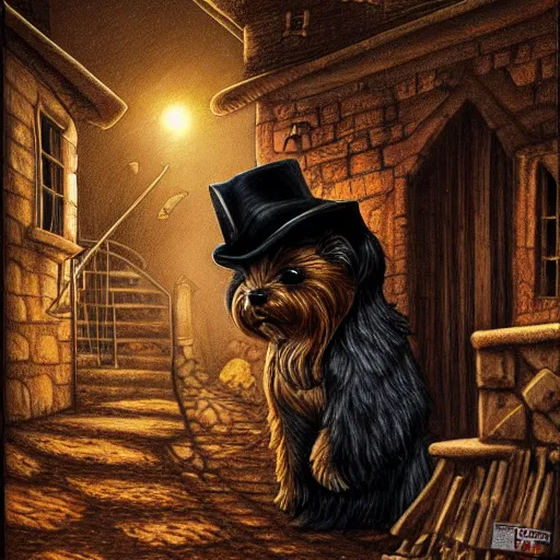 Image similar to detective yorkshire terrier wearing a fedora hat, in a dark alley, by Dan Seagrave art