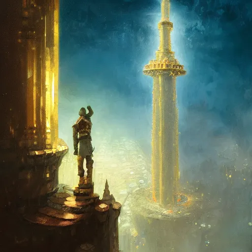 Prompt: Oil painting of an immensely high sky tower, stone building, stairway, D&D, Magic The Gathering, by Craig Mullins, intricate details, light rays from the surface, Nekro, Victo Ngai, centered, symmetrical, volumetric lighting