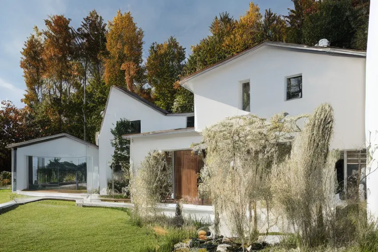 Prompt: A suburban house wearing a beautiful knitted sweater, landscape architecture photo