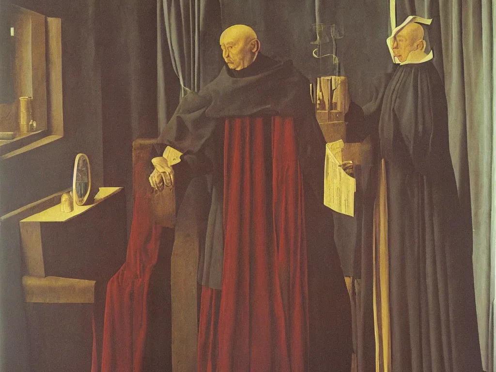 Prompt: obituary for an alchemist. painting by jan van eyck, rene magritte