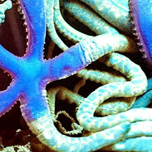 Prompt: cold blue flesh in storage being guarded by red tentacles under fluorescent light, nightmare, horror,