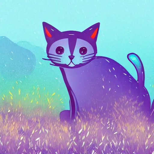 Prompt: artstation illustration of a glowing blue adorable cat in grassy field with trees in the background, lavender growing nearby, concept art,