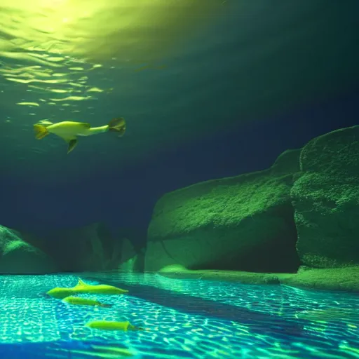 Prompt: 3d render underwater with brilliant lights. Colorful caustics. 8k resolution. Unreal engine.