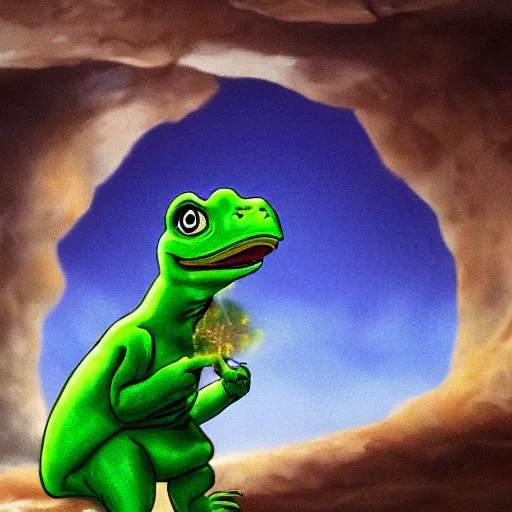 Image similar to dinosaur pepe in a cave