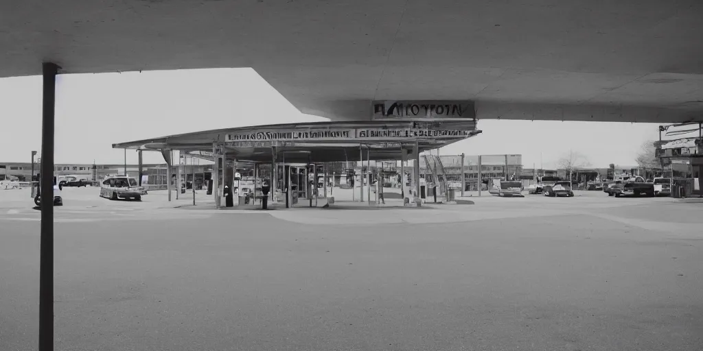 Prompt: port byron travel plaze bus station, leica, 2 4 mm lens, cinematic screenshot from the 2 0 0 1 surrealist film directed by charlie kaufman, kodak color film stock, f / 2 2, 2 4 mm wide angle anamorphic