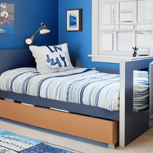 Image similar to award-winning blue and white modern boy's room catalog photo. single bed. A single window illuminates the bed and the desk.