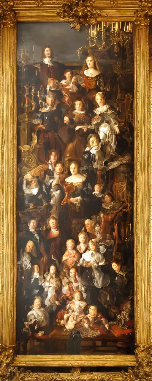 Image similar to oil paint canva of family portrait in the main room of the castle, dark room, one point of light trough a big window. baroque style 1 6 5 0, high details on clothes, realistic faces and expressions