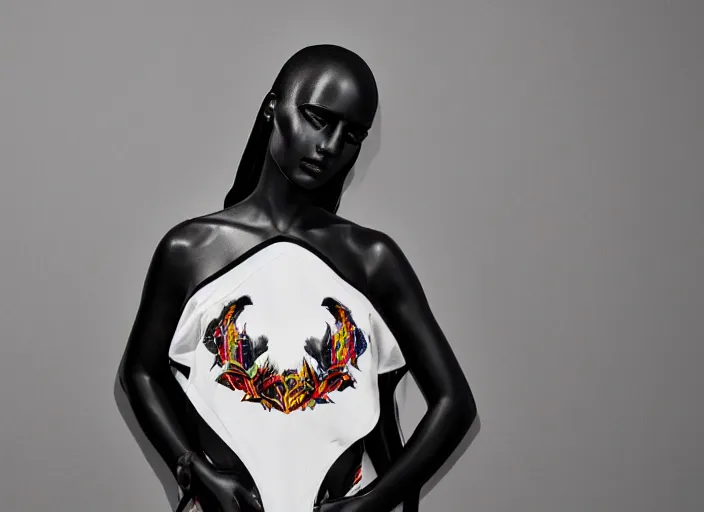 Image similar to black marble statue of a beautiful woman with colorful motocross logos in the style of virgil abloh, very very beautiful, detailed, off white, heron preston, 8 k, 4 k, detailed, beautiful, symmetrical, vogue, editorial, fashion, magazine, model