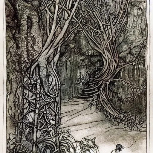 Image similar to fantastic underwater world, environment, building, faerie magic, cast iron fence, thorns, briarwood, overgrown, by Arthur Rackham, extremely detailed