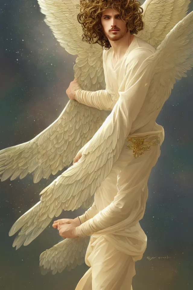 Image similar to fullbody portrait of a beautiful young fit male angel with curly blond hairs, full dressed in long fluent clothes, majestic big dove wings, luminous halo, by greg rutkowski and alphonse mucha, gradient white to gold, in front of an iridescent background, highly detailed portrait, digital painting, artstation, concept art, smooth, sharp focus illustration