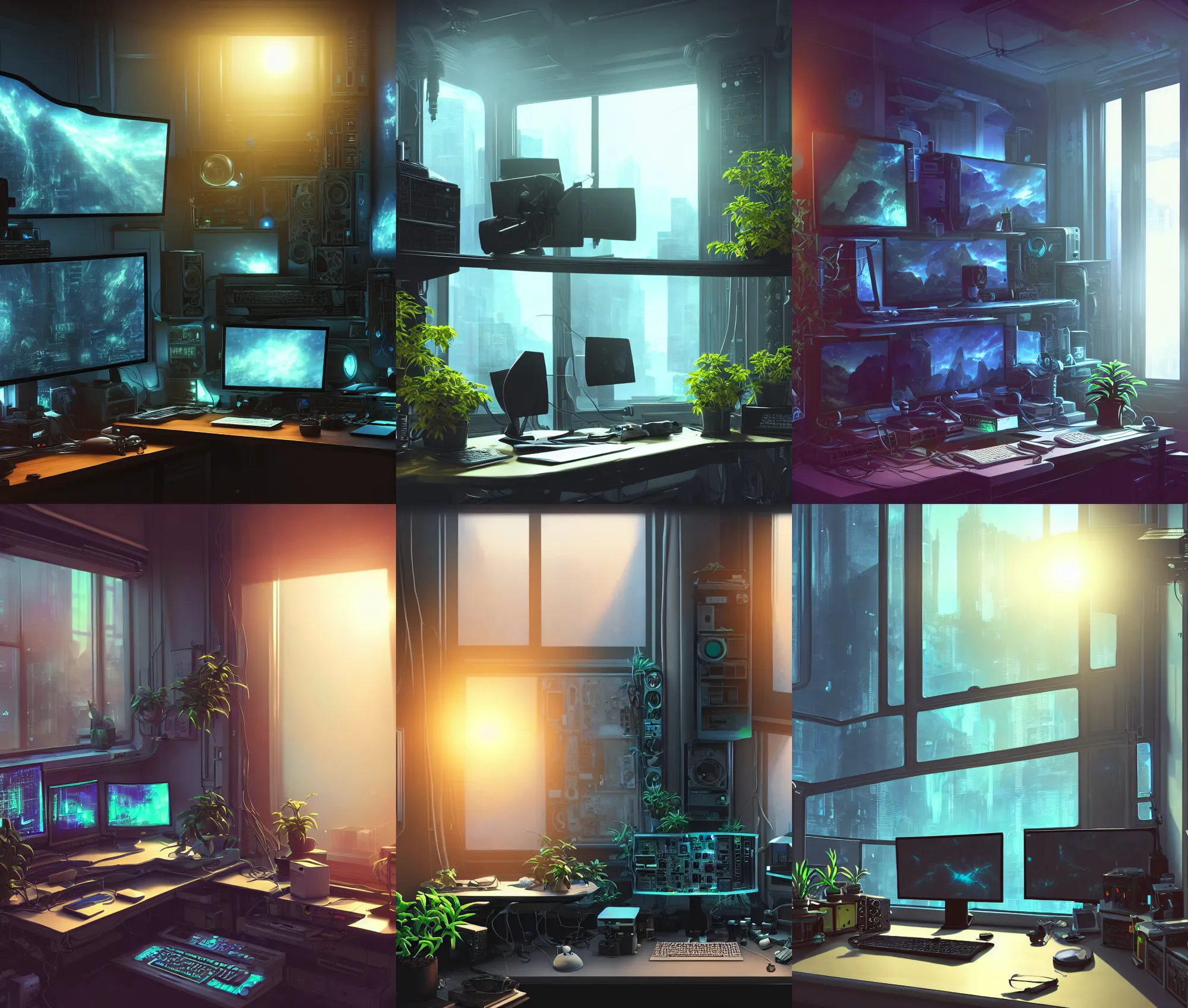 Prompt: detailed scifi artstation scene of a complex computer workstation in a small studio apartment room, a potted plant, many monitors, many electronics, a window view, maximalism, volumetric light, sunny amber morning light, sun beam, atmospheric haze, fine details, unreal engine, hyperrealism, realistic shading, blender render, photorealistic, wide shot