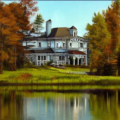 Prompt: Victorian mansion beside an inland lake in rural Maine, artstation, felix Kelly, Bob Ross