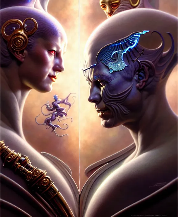 Image similar to beautiful gemini good and evil fantasy character portrait, ultra realistic, wide angle, intricate details, the fifth element artifacts, highly detailed by peter mohrbacher, hajime sorayama, wayne barlowe, boris vallejo, aaron horkey, gaston bussiere, craig mullins