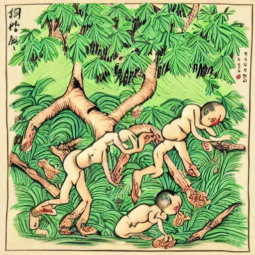 Prompt: chinese fairytale ginseng plant babies playing and jumping around in the deep forest, with sunlight shining through the tress, and a herbal medicine hunter crouching in the bushes