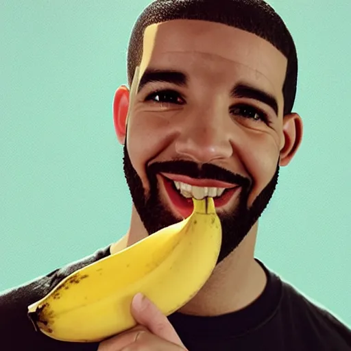 Image similar to a photograph of drake holding a banana up to his ear