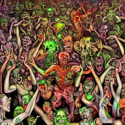 Prompt: digital painting of demons in rave party in hell by Chor Boogie, intricate details, ultra detailed, 4K, award-winning, touch of M. C. Escher