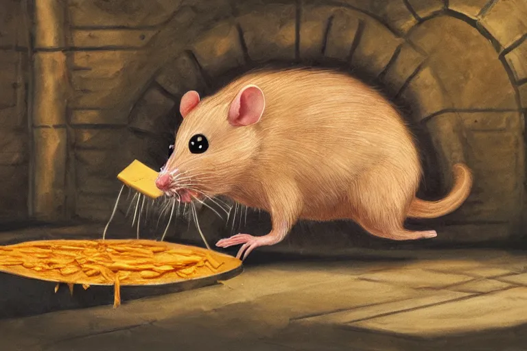 Prompt: a giant creepy rat eating cheese in a sewer, photo - realistic, hyper realism,