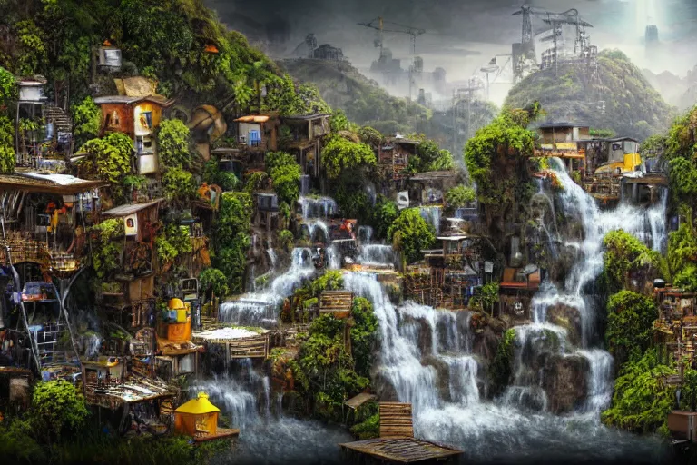 Prompt: mission waterfall favela honeybee hive, subconscious environment, industrial factory, award winning art, epic dreamlike fantasy landscape, ultra realistic,