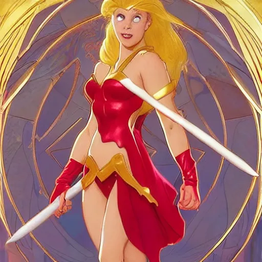 Image similar to Ariel as She-Ra in the Master of Universe, highly detailed, digital painting, artstation, concept art, smooth, sharp focus, illustration, ArtStation, art by artgerm and greg rutkowski and alphonse mucha and J. C. Leyendecker and Edmund Blair Leighton and Katsuhiro Otomo and Geof Darrow and Phil hale and Ashley wood and Ilya repin and Charlie Bowater